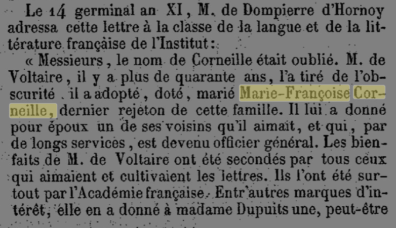 Voltaire, Marie-Françoise Corneille, Jules Taschereau